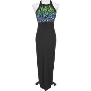 Bieff Basix Gown Womens 4 Silk Black Green Blue Dress Sequins Halter Vintage